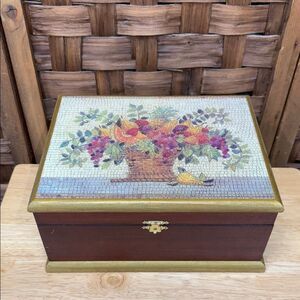 Vintage heavy Hubertoucourt Decorative Wooden Box with Fruit Basket Design
